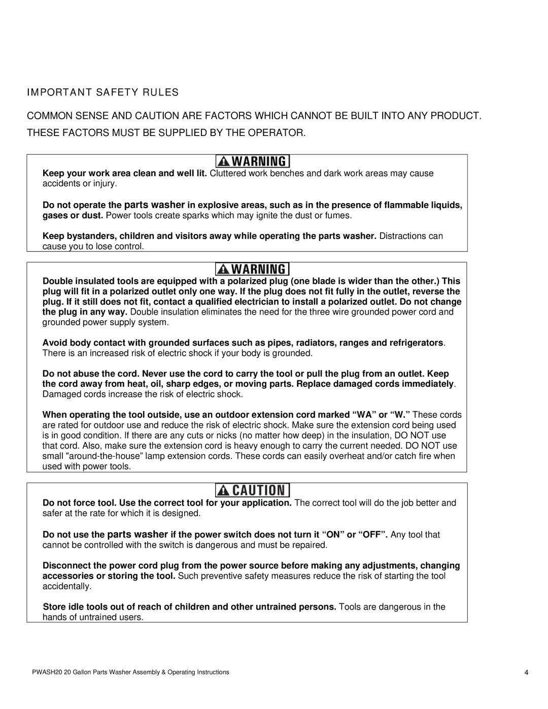 Buffalo Tools PWASH20 operating instructions Important Safety Rules 