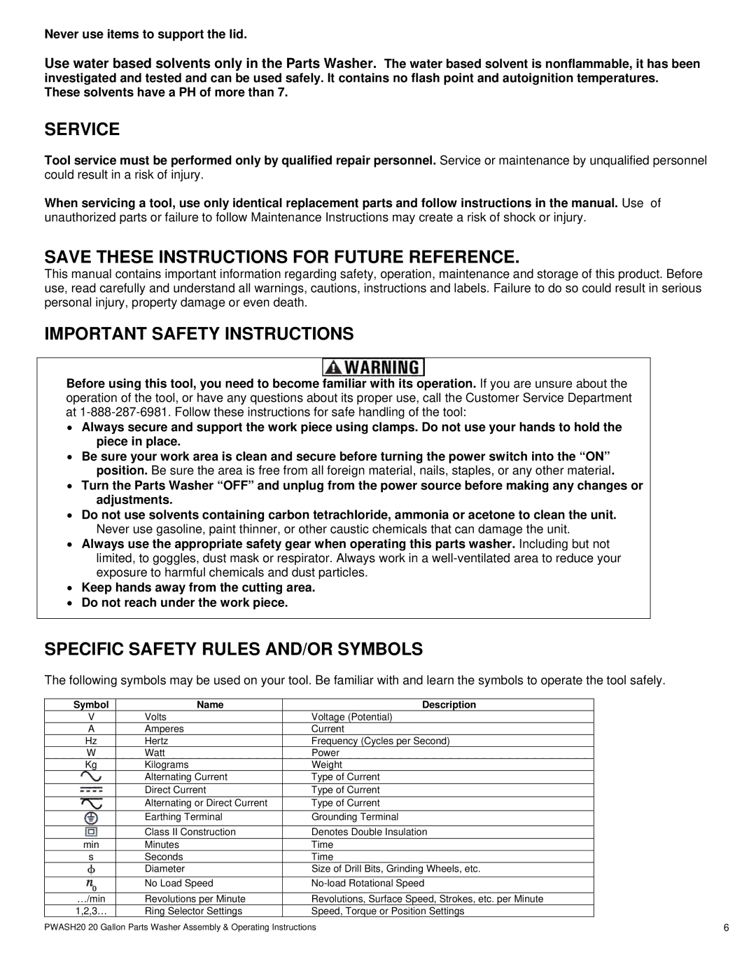 Buffalo Tools PWASH20 Service, Save These Instructions for Future Reference, Important Safety Instructions 