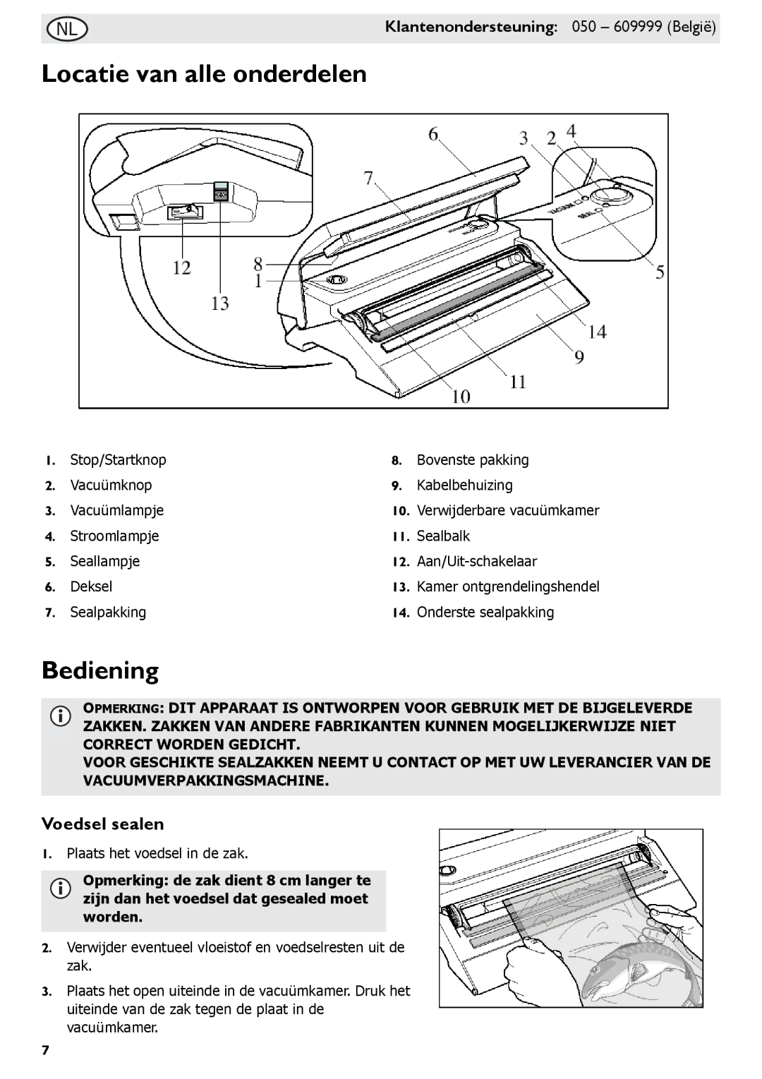 Buffalo Tools S097 instruction manual Locatie van alle onderdelen, Bediening, Voedsel sealen 