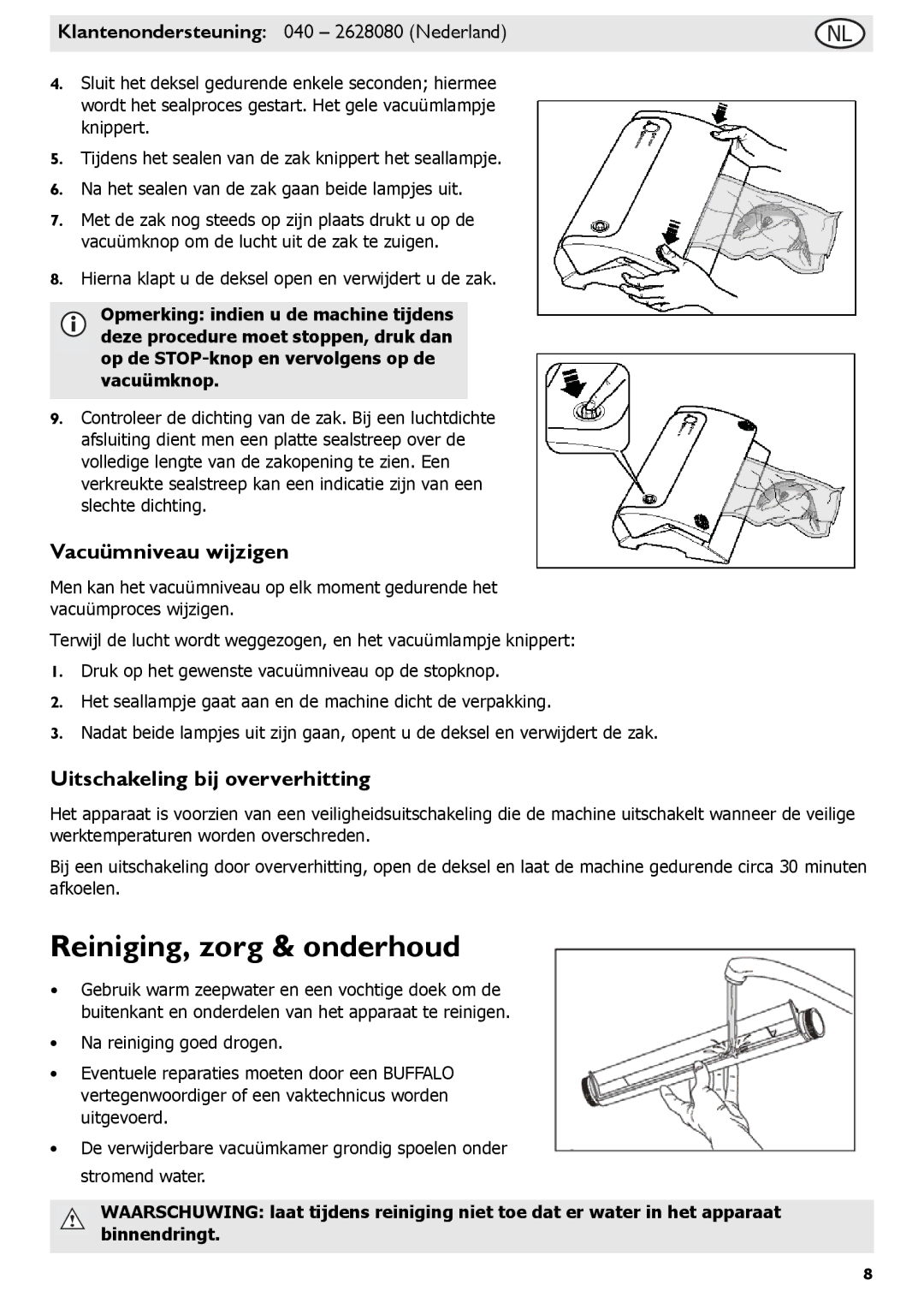 Buffalo Tools S097 instruction manual Reiniging, zorg & onderhoud, Vacuümniveau wijzigen, Uitschakeling bij oververhitting 