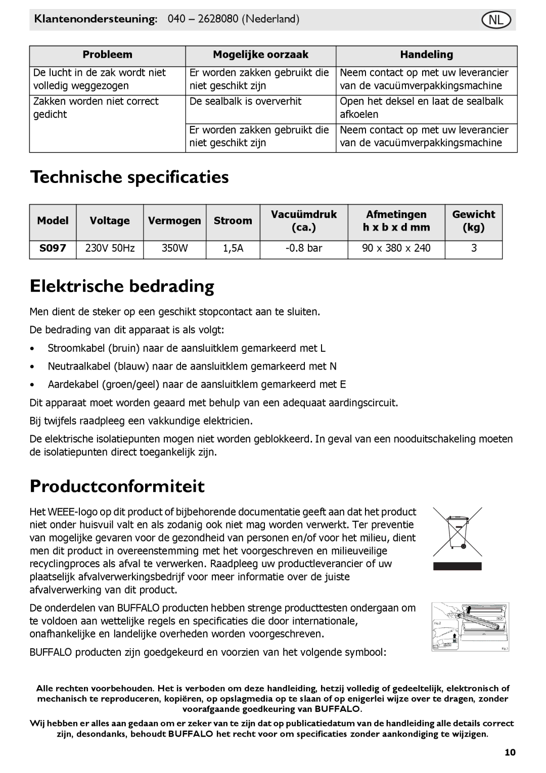 Buffalo Tools S097 instruction manual Technische specificaties, Elektrische bedrading, Productconformiteit, Model 