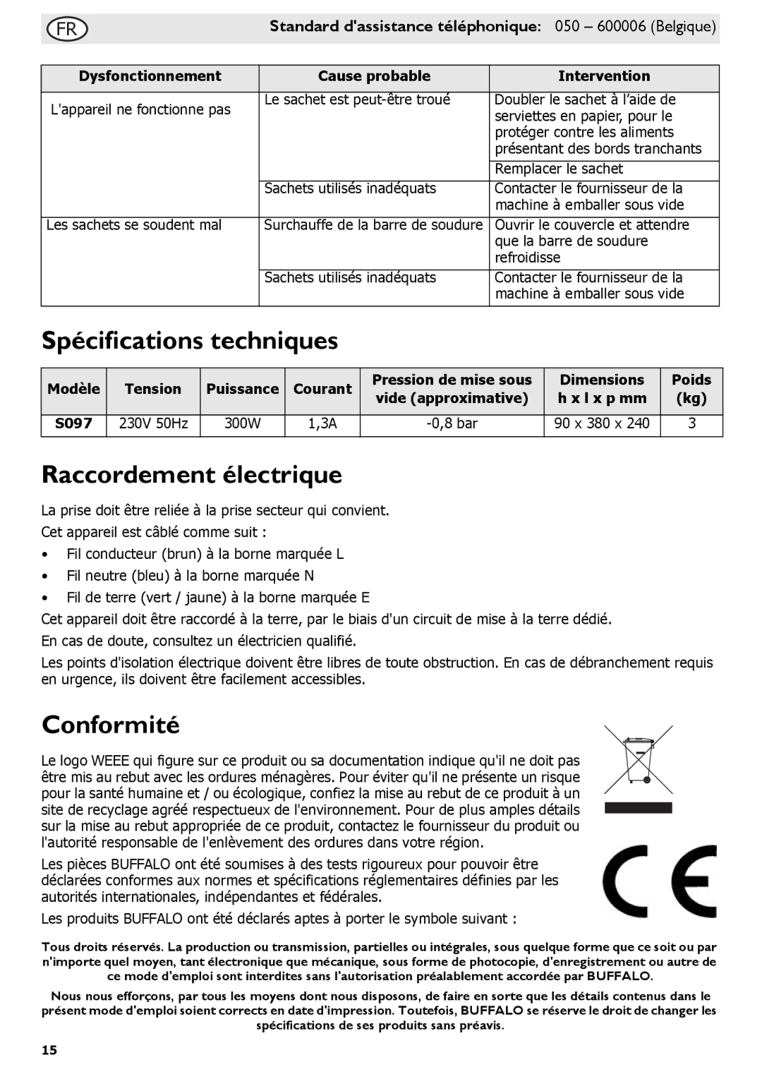 Buffalo Tools S097 Spécifications techniques, Raccordement électrique, Conformité, Dysfonctionnement Cause probable 