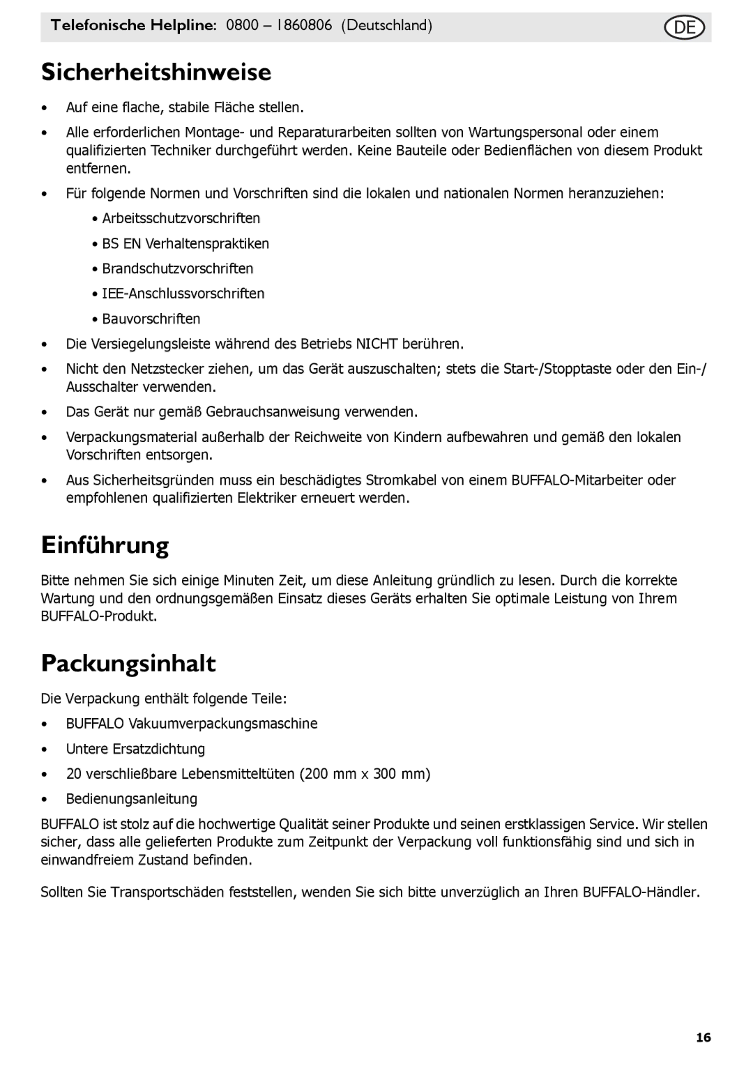 Buffalo Tools S097 instruction manual Sicherheitshinweise, Einführung, Packungsinhalt 