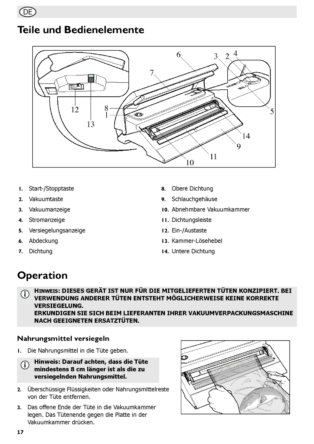 Buffalo Tools S097 instruction manual Teile und Bedienelemente, Nahrungsmittel versiegeln 