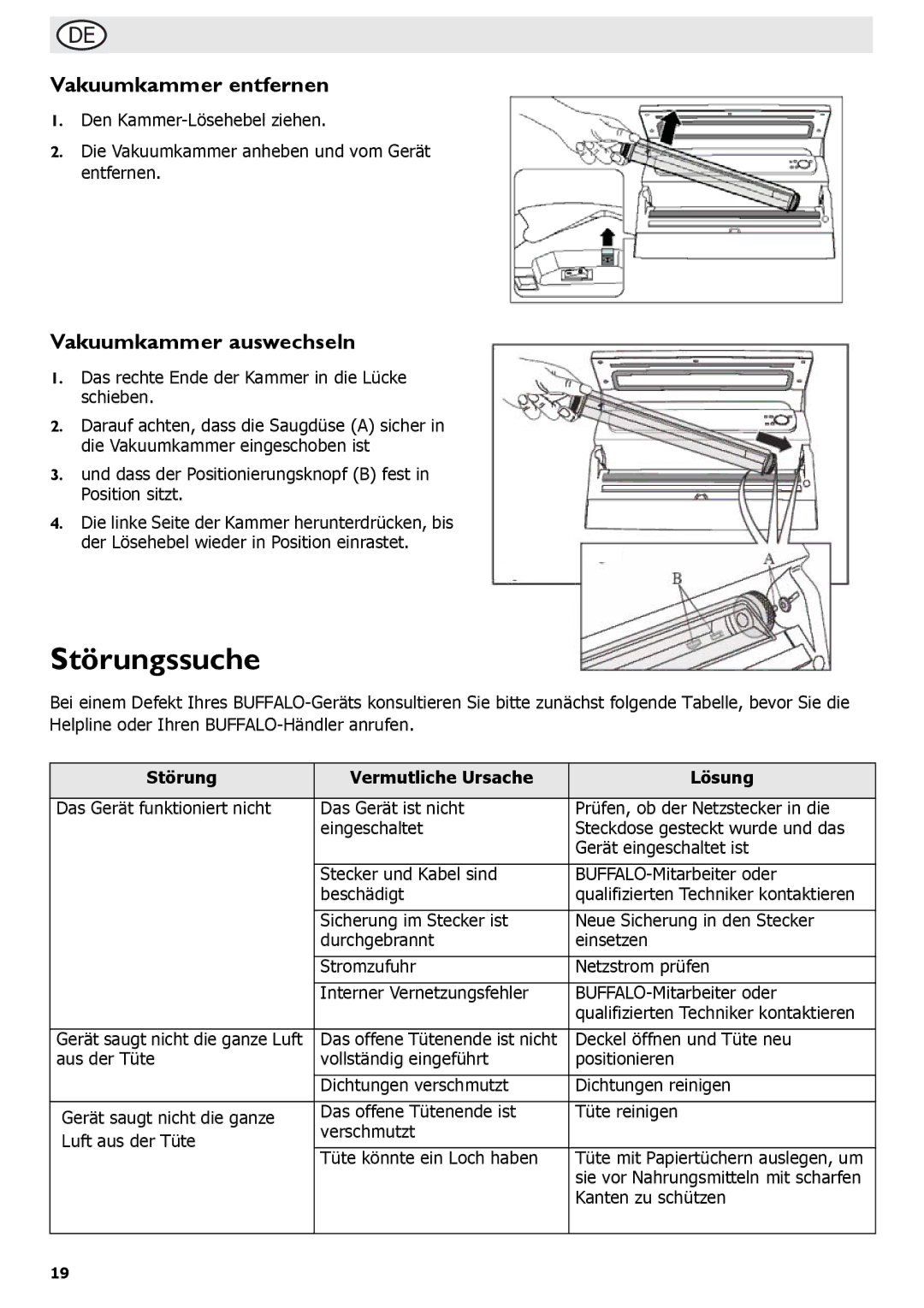 Buffalo Tools S097 Störungssuche, Vakuumkammer entfernen, Vakuumkammer auswechseln, Störung Vermutliche Ursache Lösung 