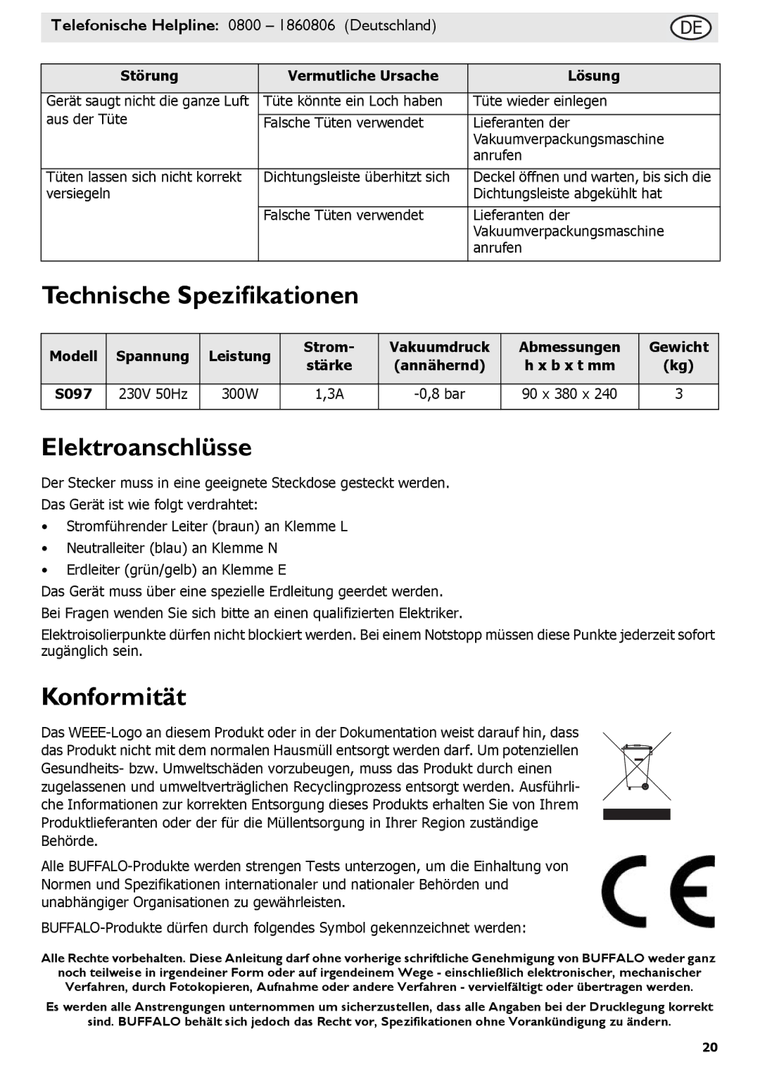 Buffalo Tools S097 instruction manual Technische Spezifikationen, Elektroanschlüsse, Konformität, Modell Spannung 