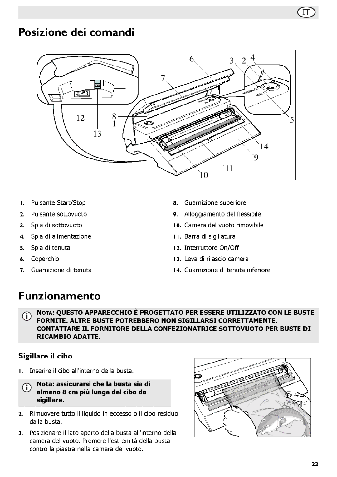 Buffalo Tools S097 instruction manual Posizione dei comandi, Funzionamento, Sigillare il cibo 