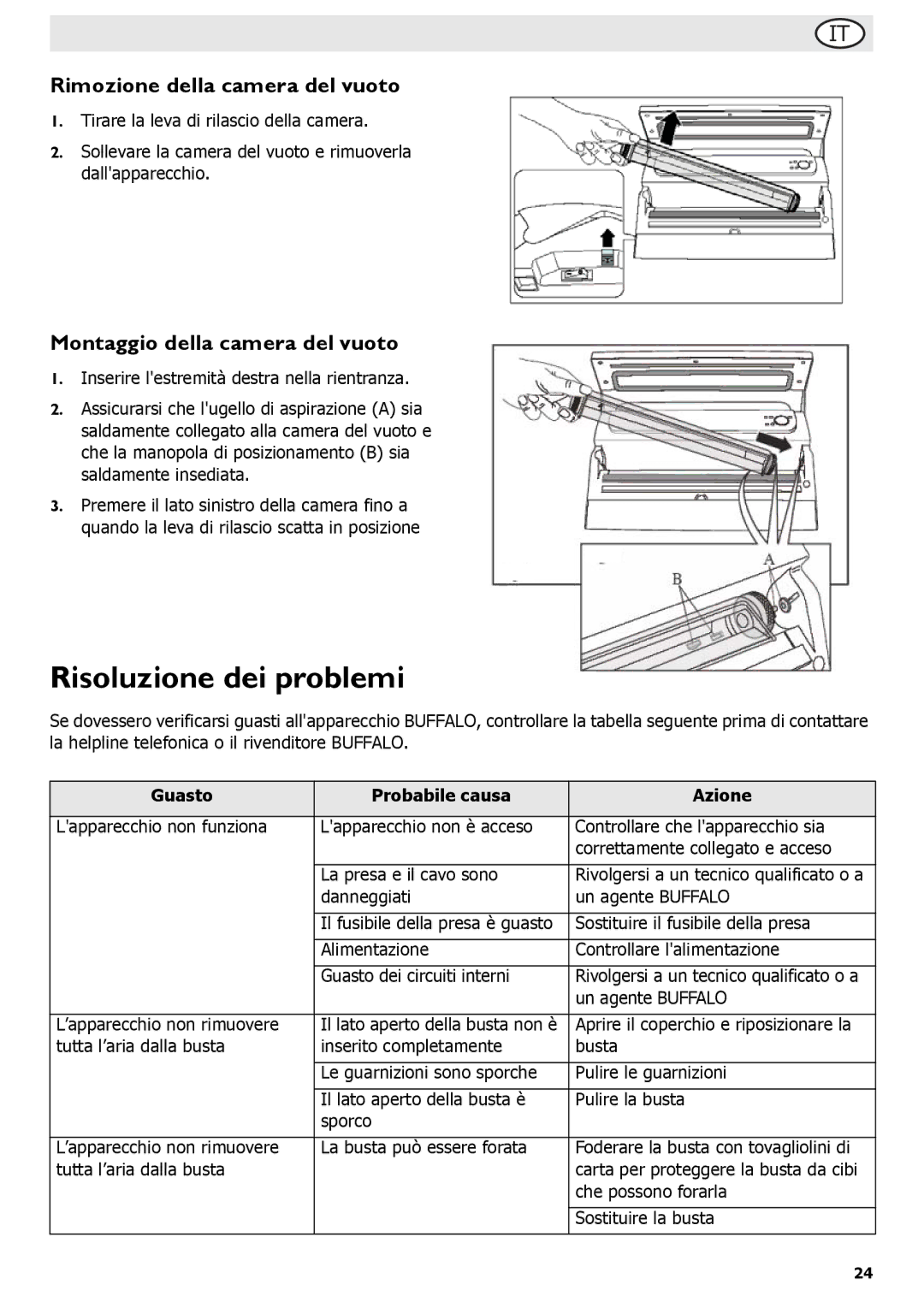 Buffalo Tools S097 Risoluzione dei problemi, Rimozione della camera del vuoto, Montaggio della camera del vuoto 