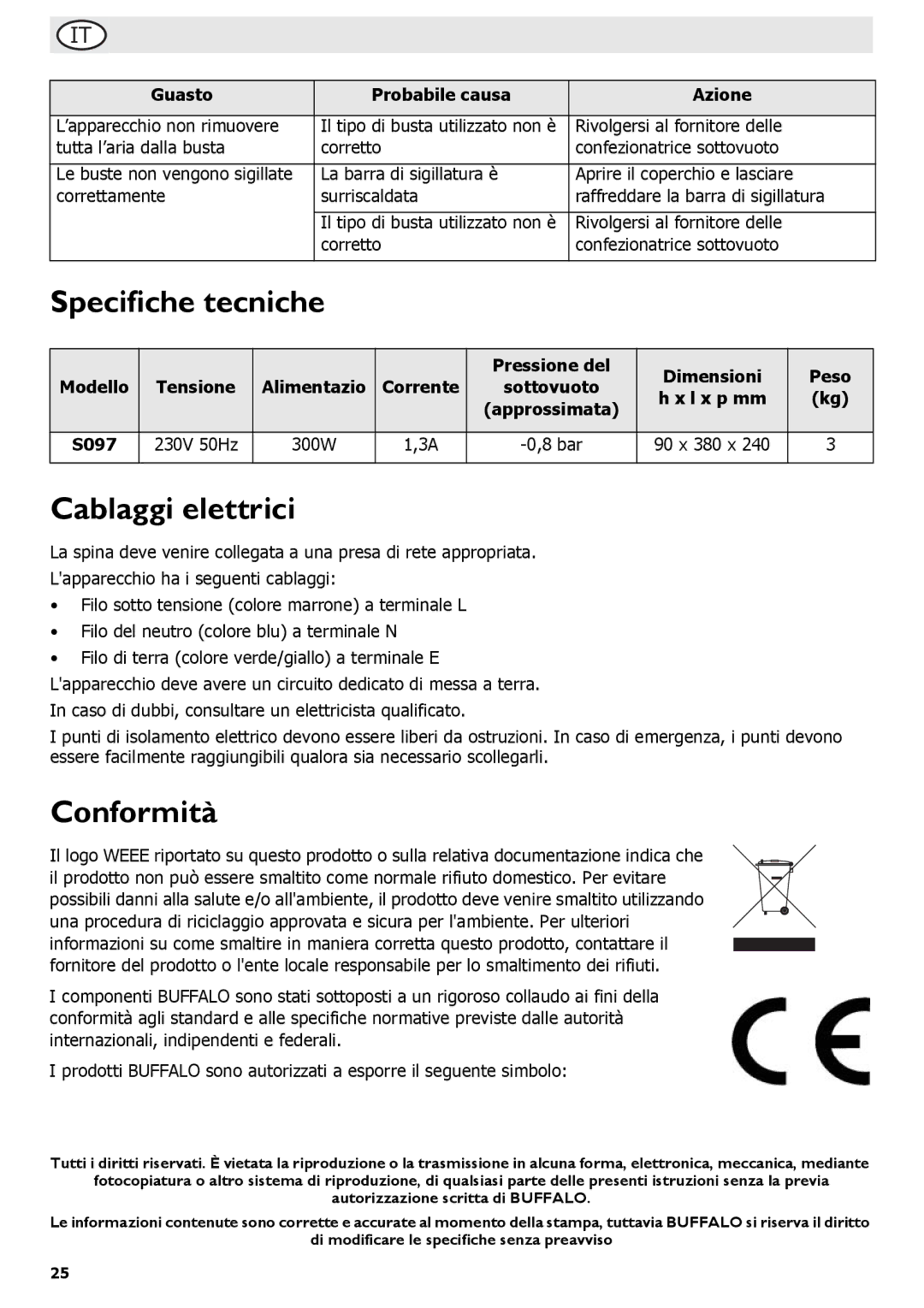 Buffalo Tools S097 Specifiche tecniche, Cablaggi elettrici, Conformità, Pressione del Dimensioni Peso, Tensione 