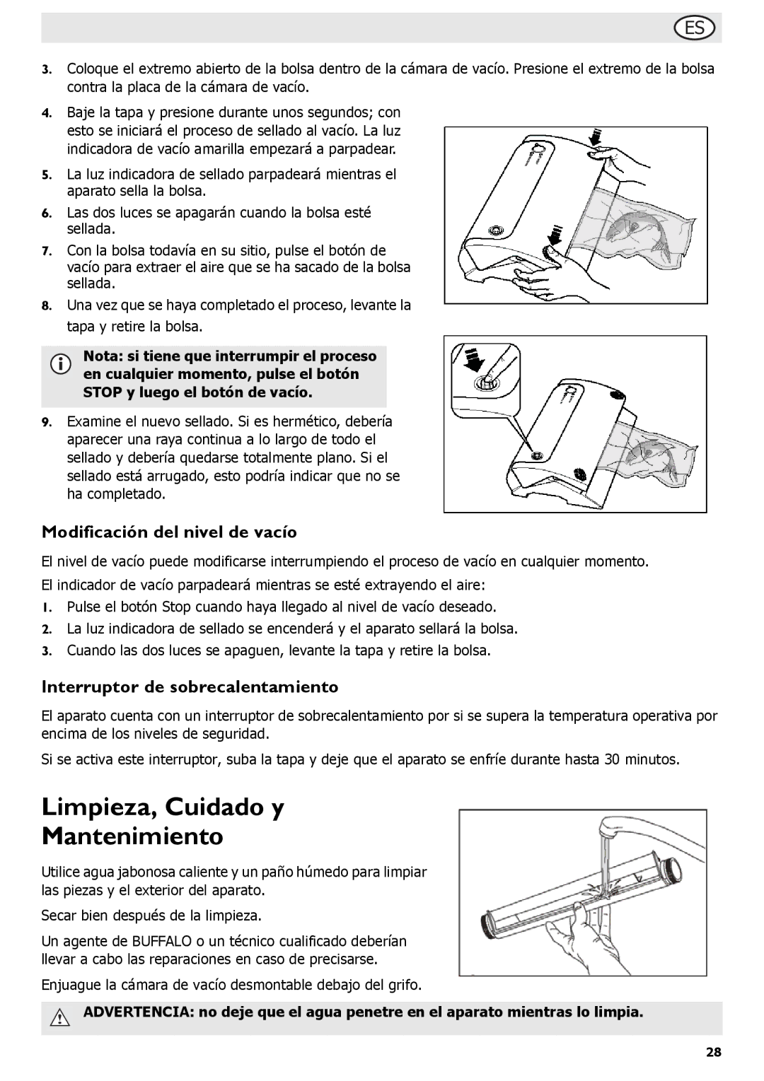 Buffalo Tools S097 Limpieza, Cuidado y Mantenimiento, Modificación del nivel de vacío, Interruptor de sobrecalentamiento 