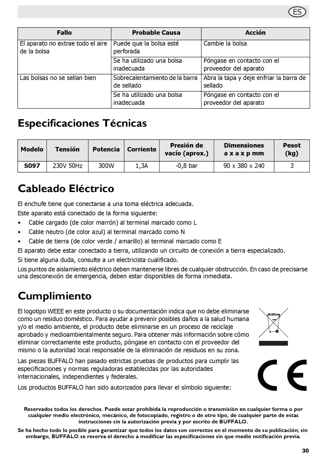 Buffalo Tools S097 instruction manual Especificaciones Técnicas, Cableado Eléctrico, Cumplimiento, A x p mm, 90 x 380 x 