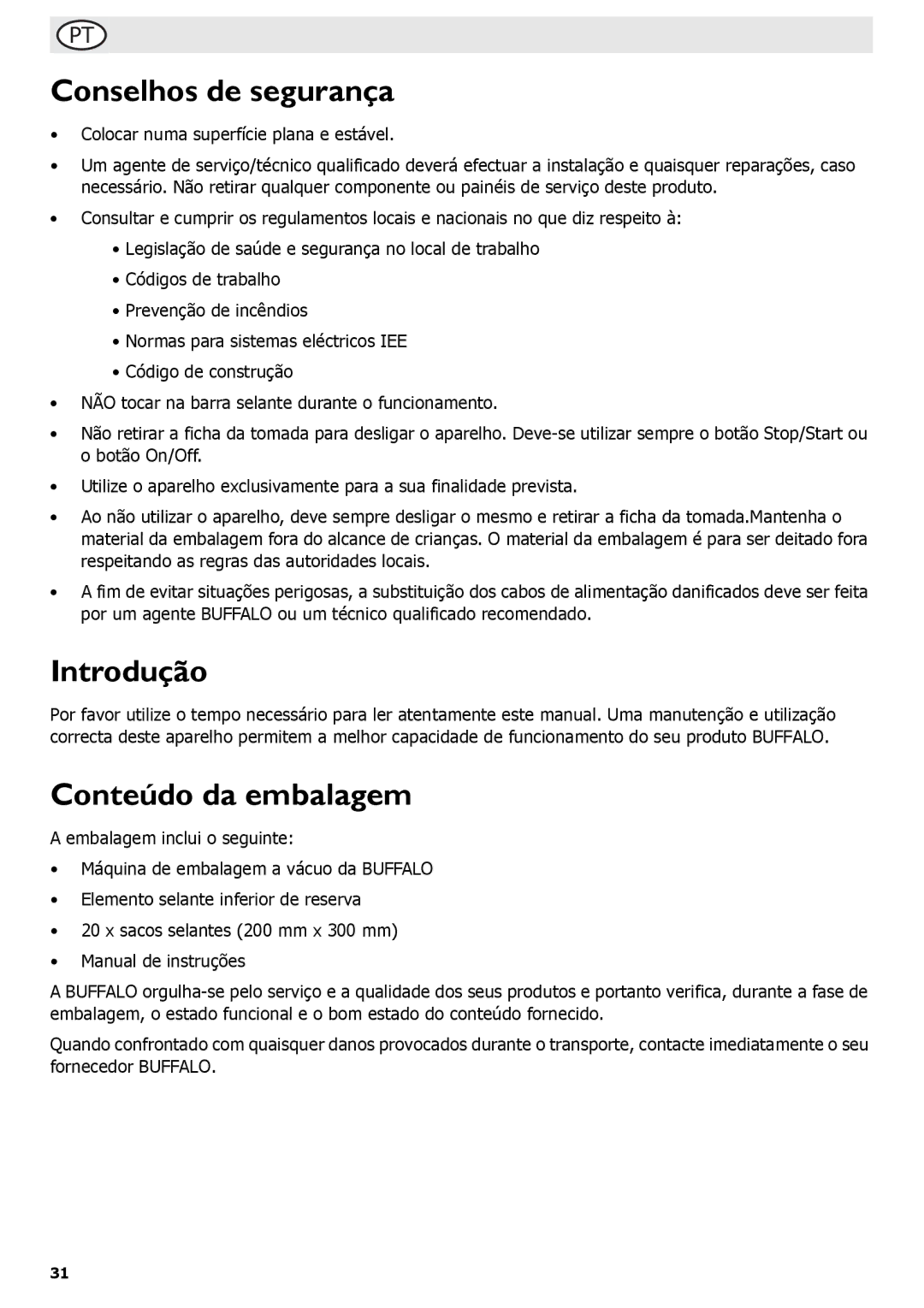 Buffalo Tools S097 instruction manual Conselhos de segurança, Introdução, Conteúdo da embalagem 