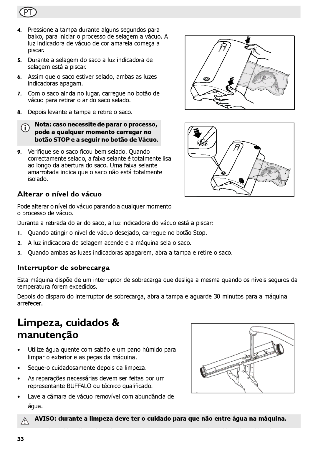 Buffalo Tools S097 instruction manual Limpeza, cuidados & manutenção, Alterar o nível do vácuo, Interruptor de sobrecarga 