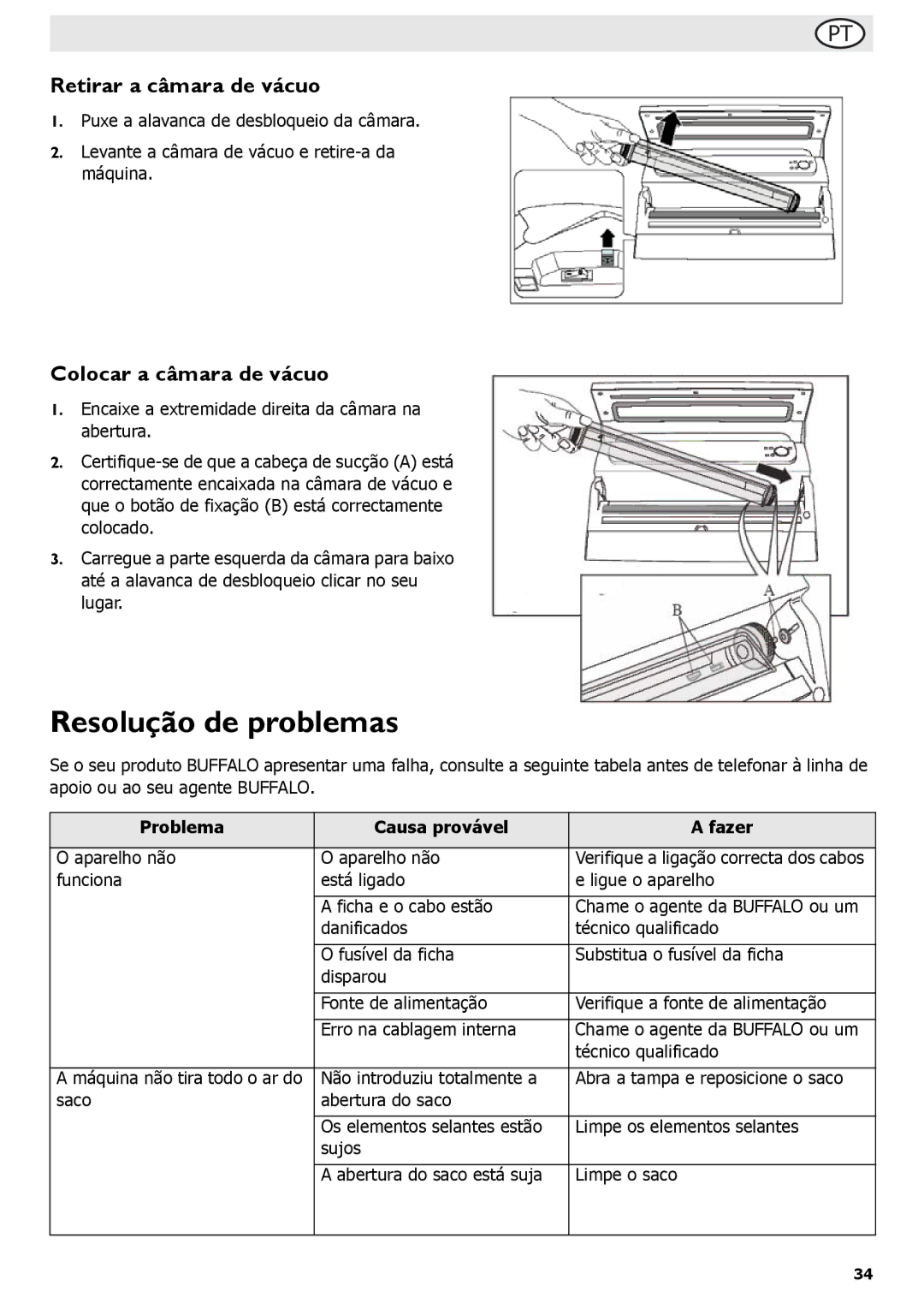 Buffalo Tools S097 instruction manual Resolução de problemas, Retirar a câmara de vácuo, Colocar a câmara de vácuo 