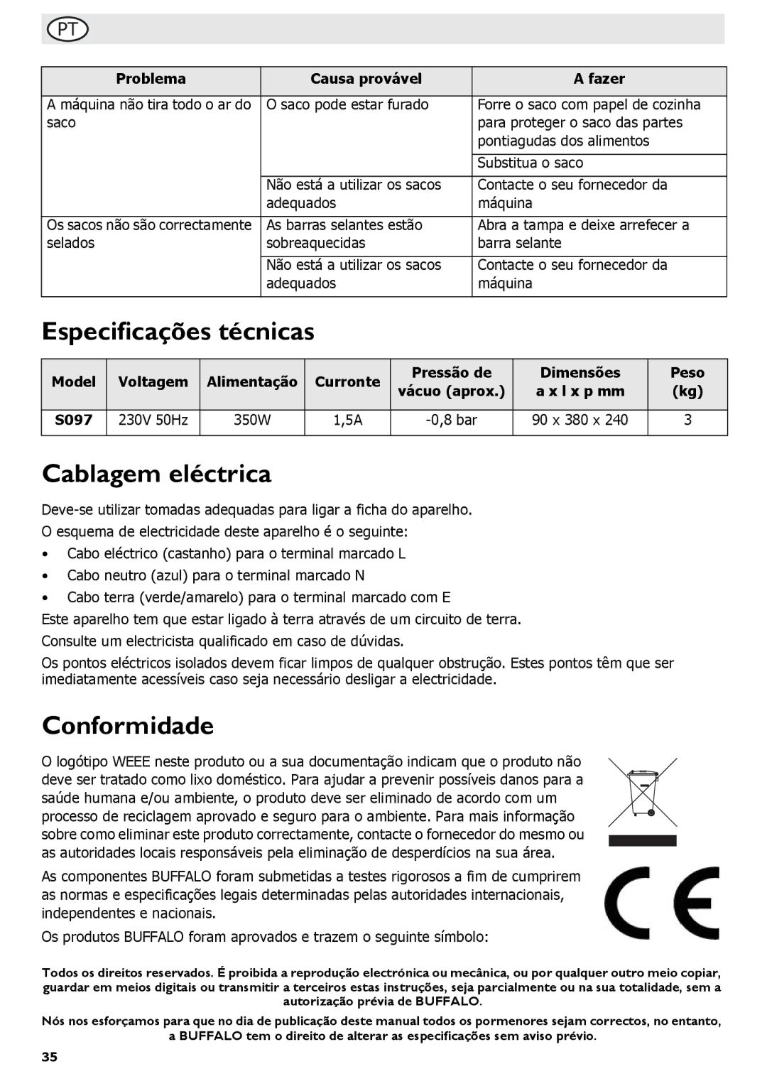 Buffalo Tools instruction manual Especificações técnicas, Cablagem eléctrica, Conformidade, S097 230V 50Hz 