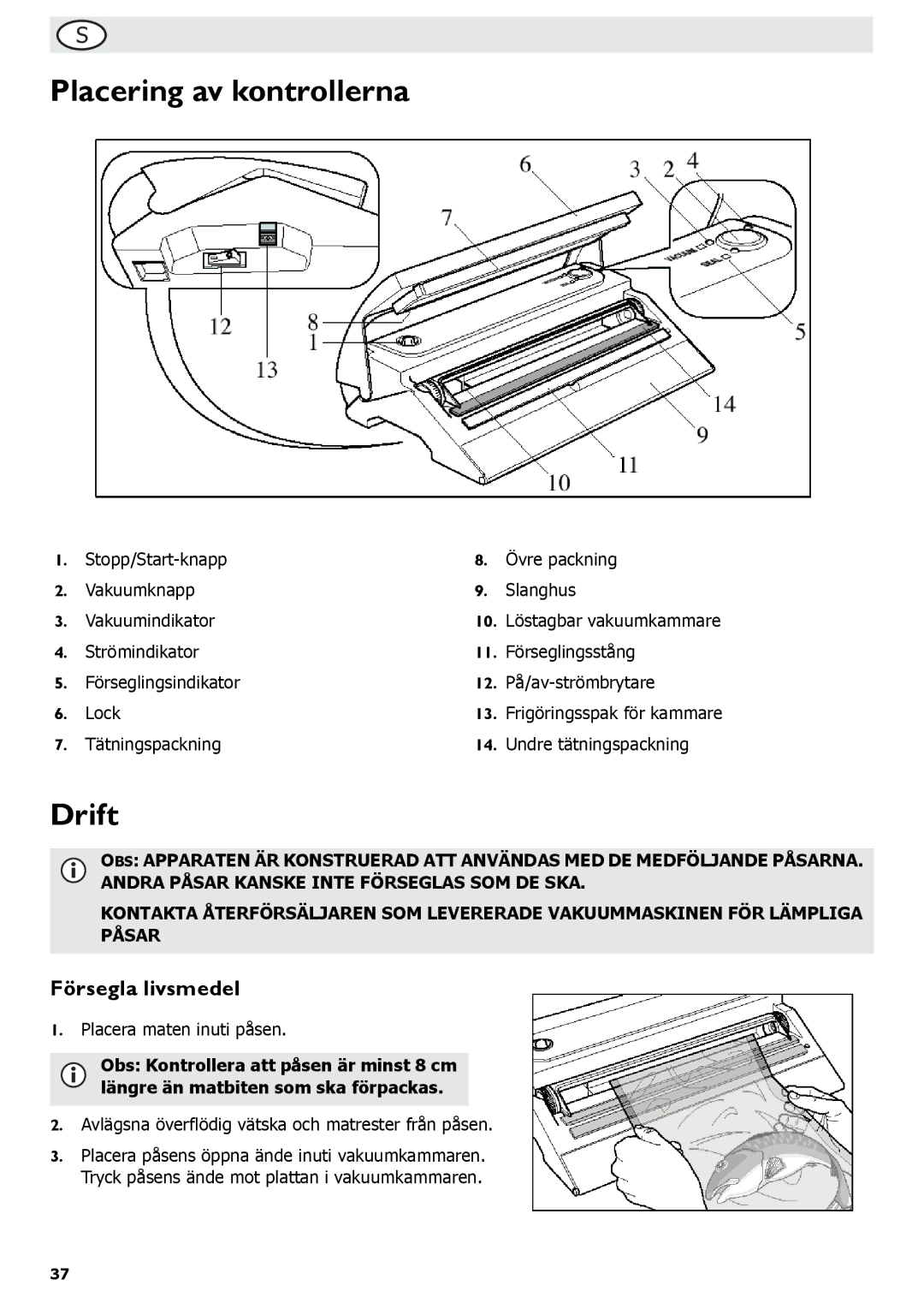 Buffalo Tools S097 instruction manual Placering av kontrollerna, Drift, Försegla livsmedel 