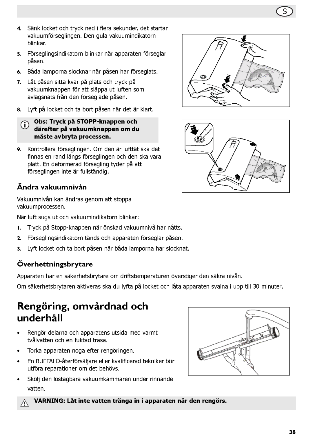 Buffalo Tools S097 instruction manual Rengöring, omvårdnad och underhåll, Ändra vakuumnivån, Överhettningsbrytare 