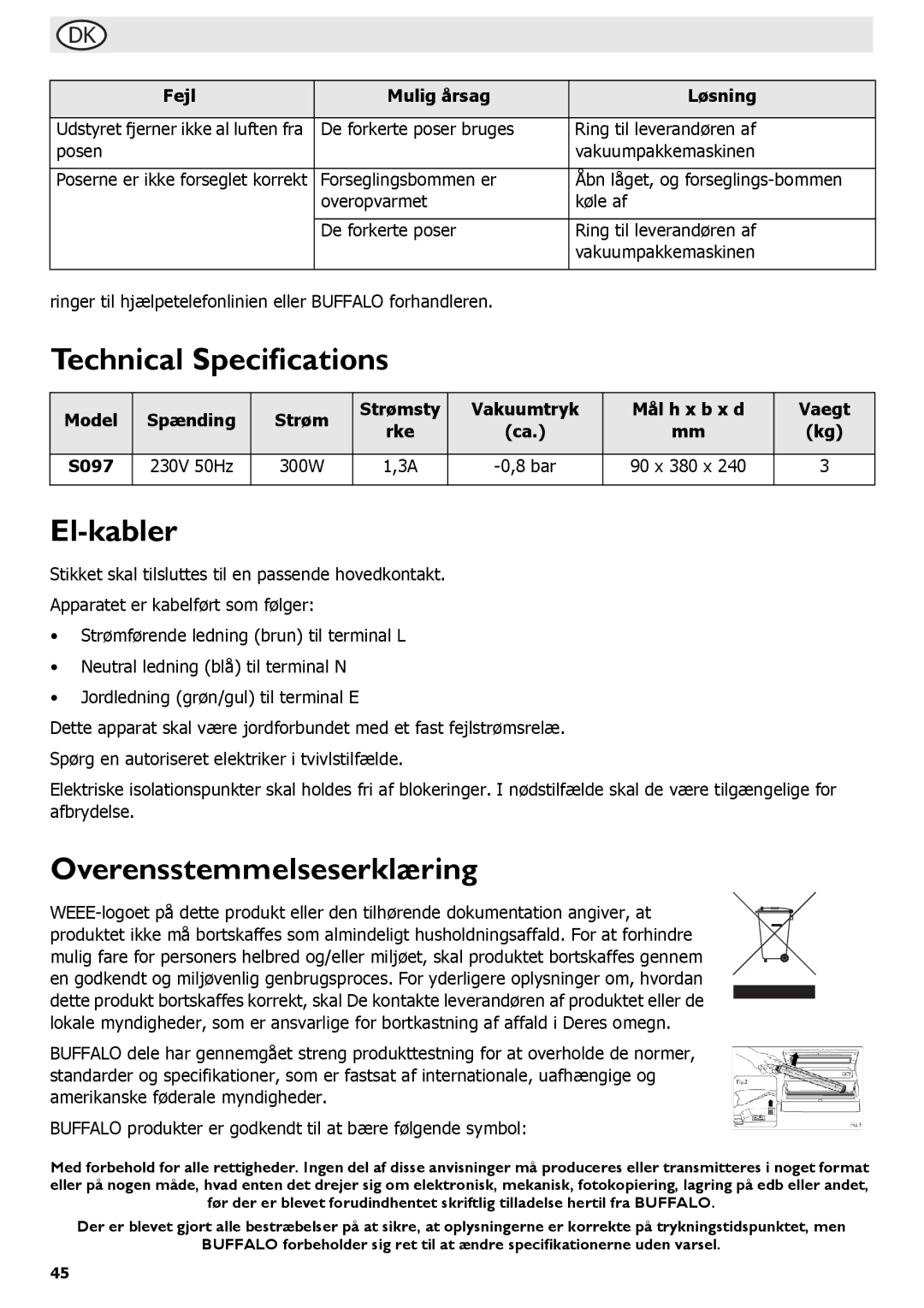 Buffalo Tools S097 instruction manual El-kabler, Overensstemmelseserklæring 