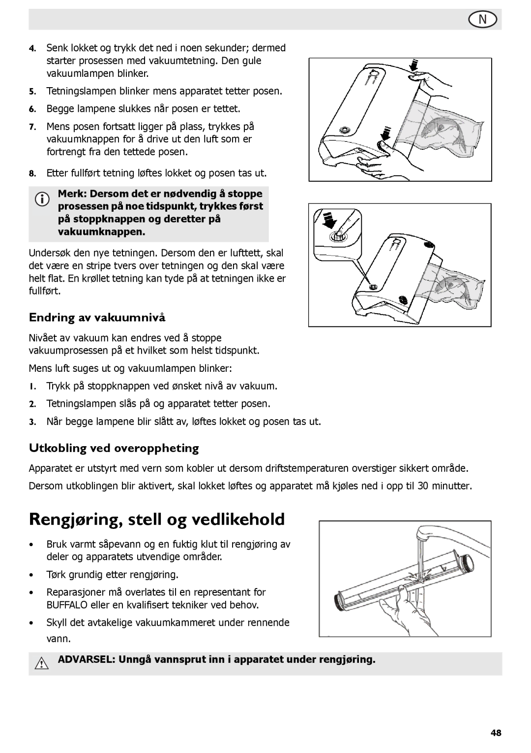 Buffalo Tools S097 instruction manual Rengjøring, stell og vedlikehold, Endring av vakuumnivå, Utkobling ved overoppheting 