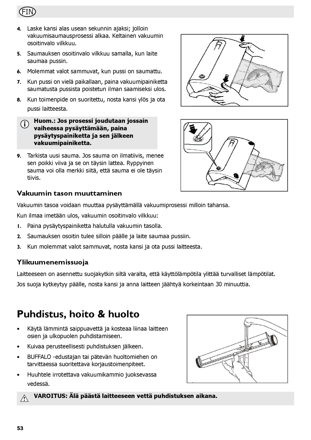 Buffalo Tools S097 instruction manual Puhdistus, hoito & huolto, Vakuumin tason muuttaminen, Ylikuumenemissuoja 