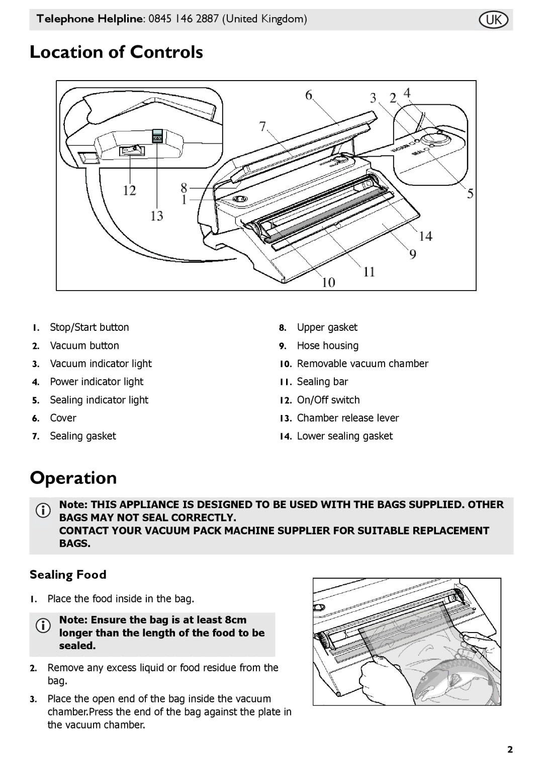 Buffalo Tools S097 instruction manual Location of Controls, Operation, Sealing Food 