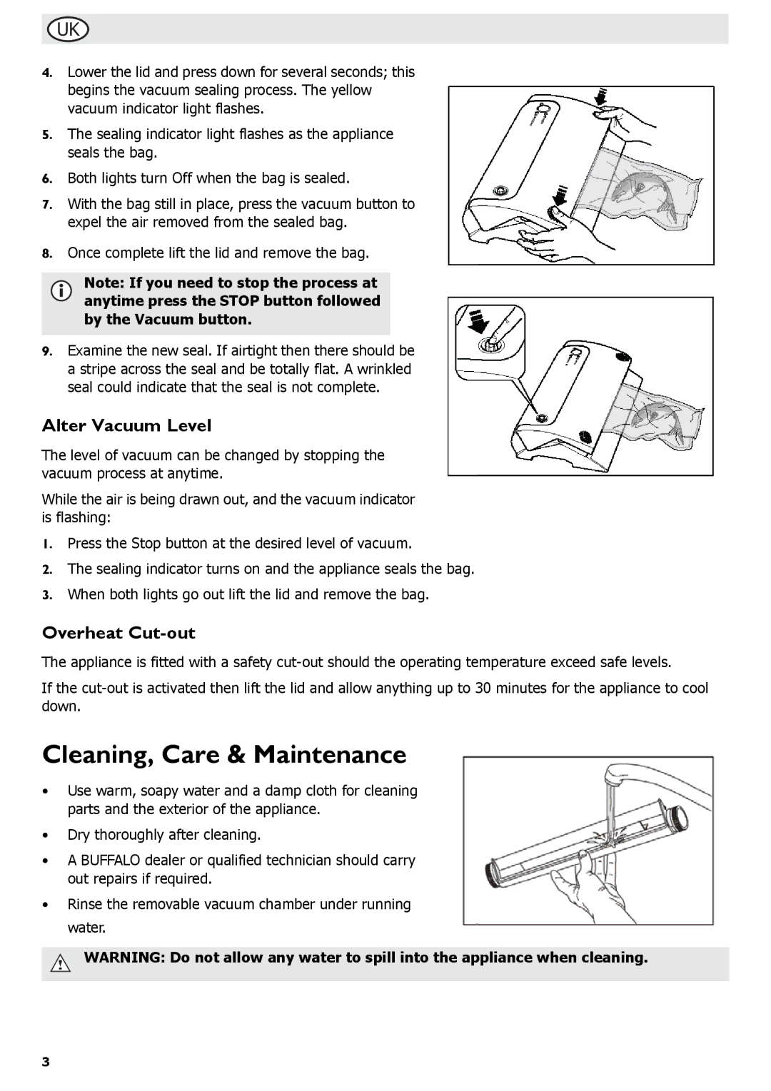 Buffalo Tools S097 instruction manual Cleaning, Care & Maintenance, Alter Vacuum Level, Overheat Cut-out 