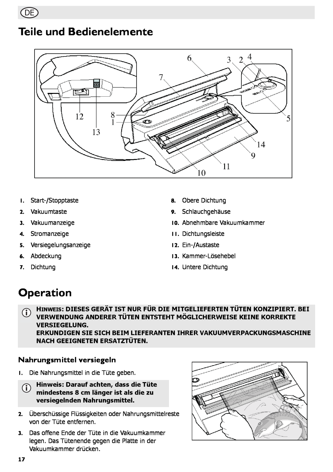 Buffalo Tools S097 instruction manual Teile und Bedienelemente, Nahrungsmittel versiegeln, Operation 