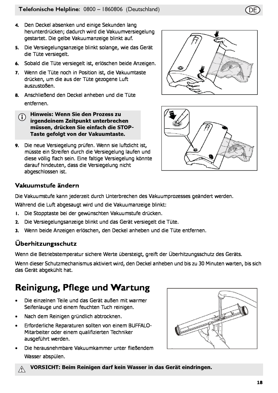 Buffalo Tools S097 instruction manual Reinigung, Pflege und Wartung, Vakuumstufe ändern, Überhitzungsschutz 