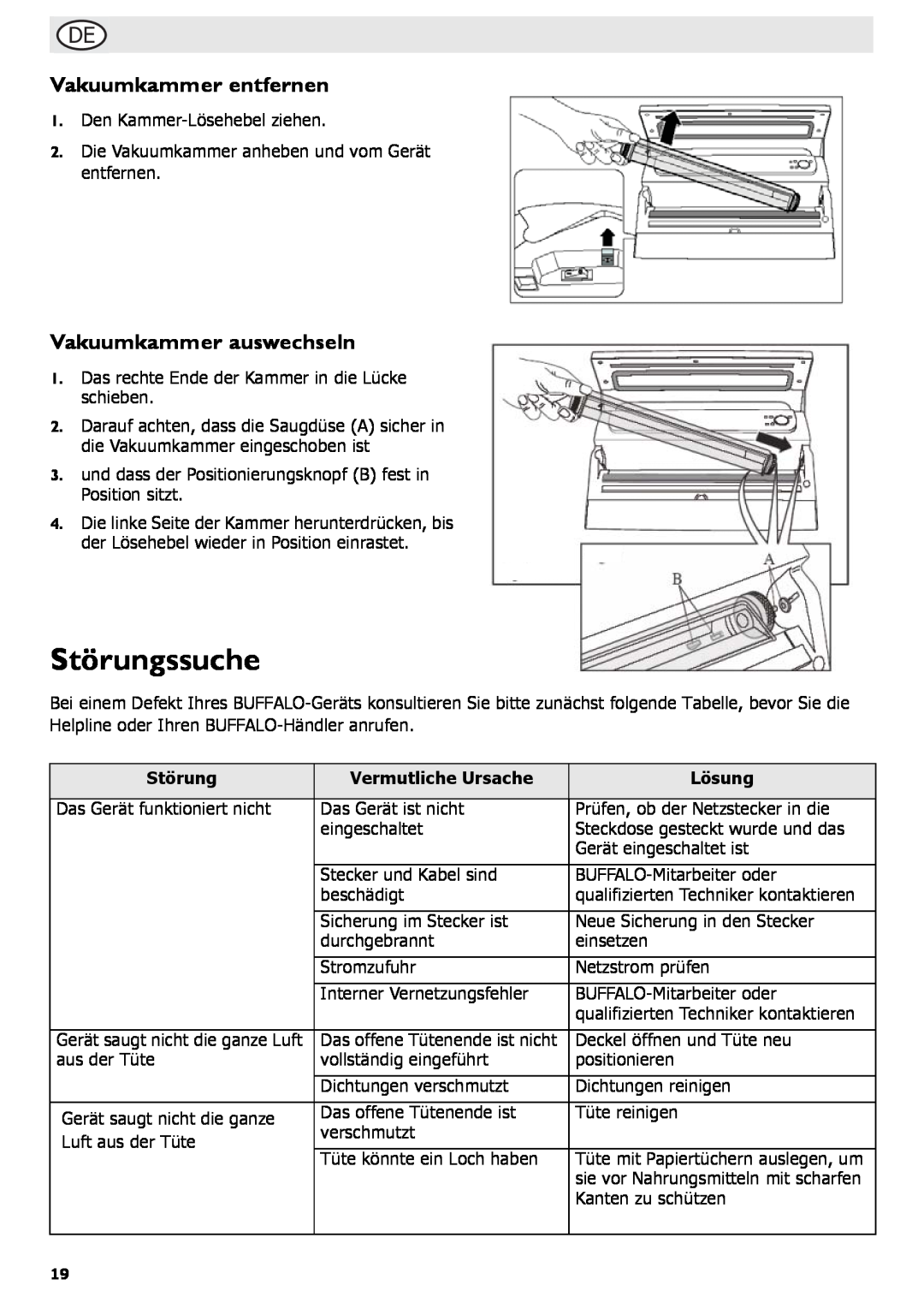 Buffalo Tools S097 instruction manual Störungssuche, Vakuumkammer entfernen, Vakuumkammer auswechseln 