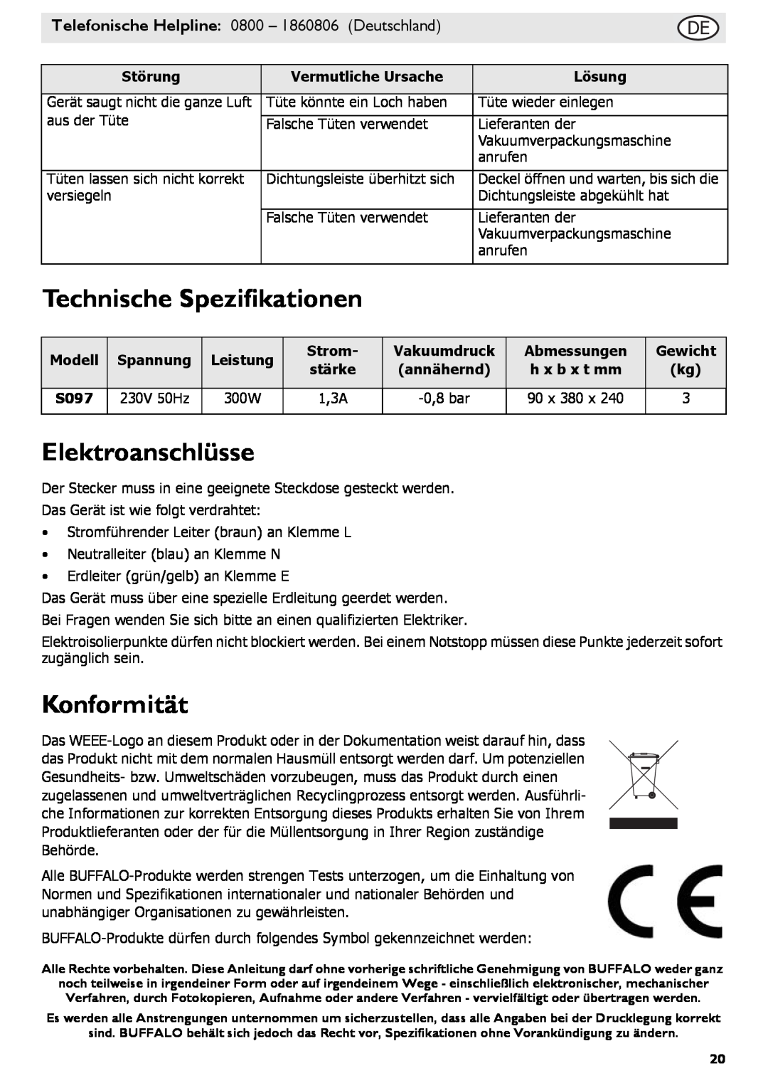 Buffalo Tools S097 instruction manual Technische Spezifikationen, Elektroanschlüsse, Konformität 