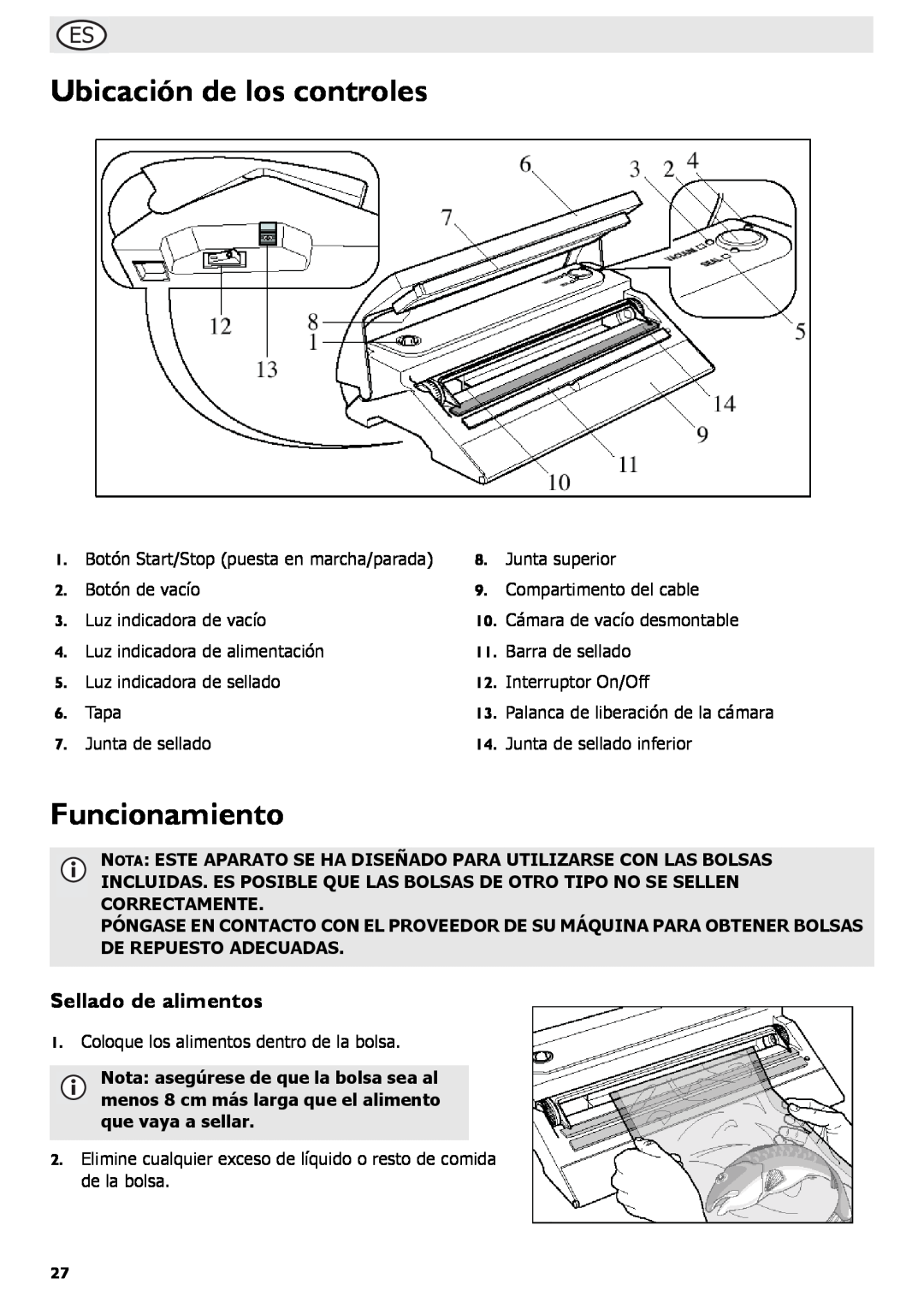 Buffalo Tools S097 instruction manual Ubicación de los controles, Funcionamiento, Sellado de alimentos 