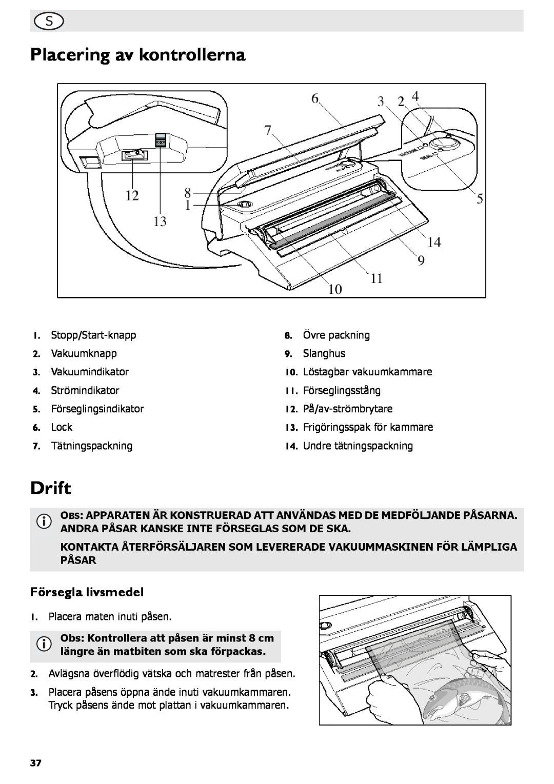 Buffalo Tools S097 instruction manual Placering av kontrollerna, Drift, Försegla livsmedel 