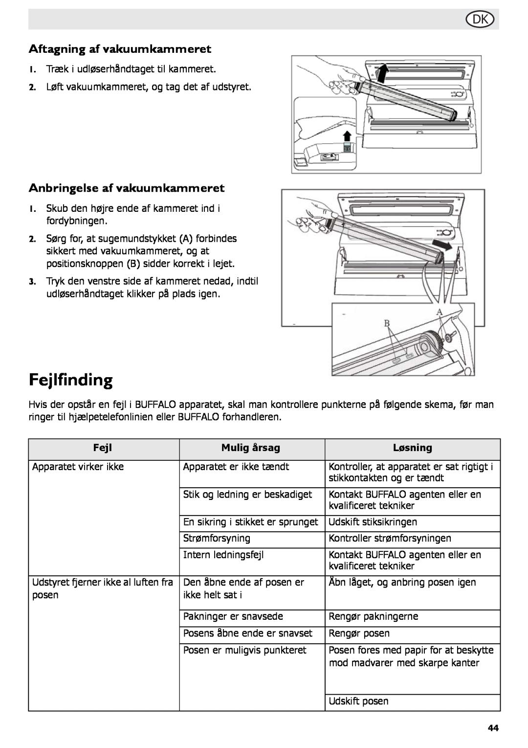 Buffalo Tools S097 instruction manual Fejlfinding, Aftagning af vakuumkammeret, Anbringelse af vakuumkammeret 