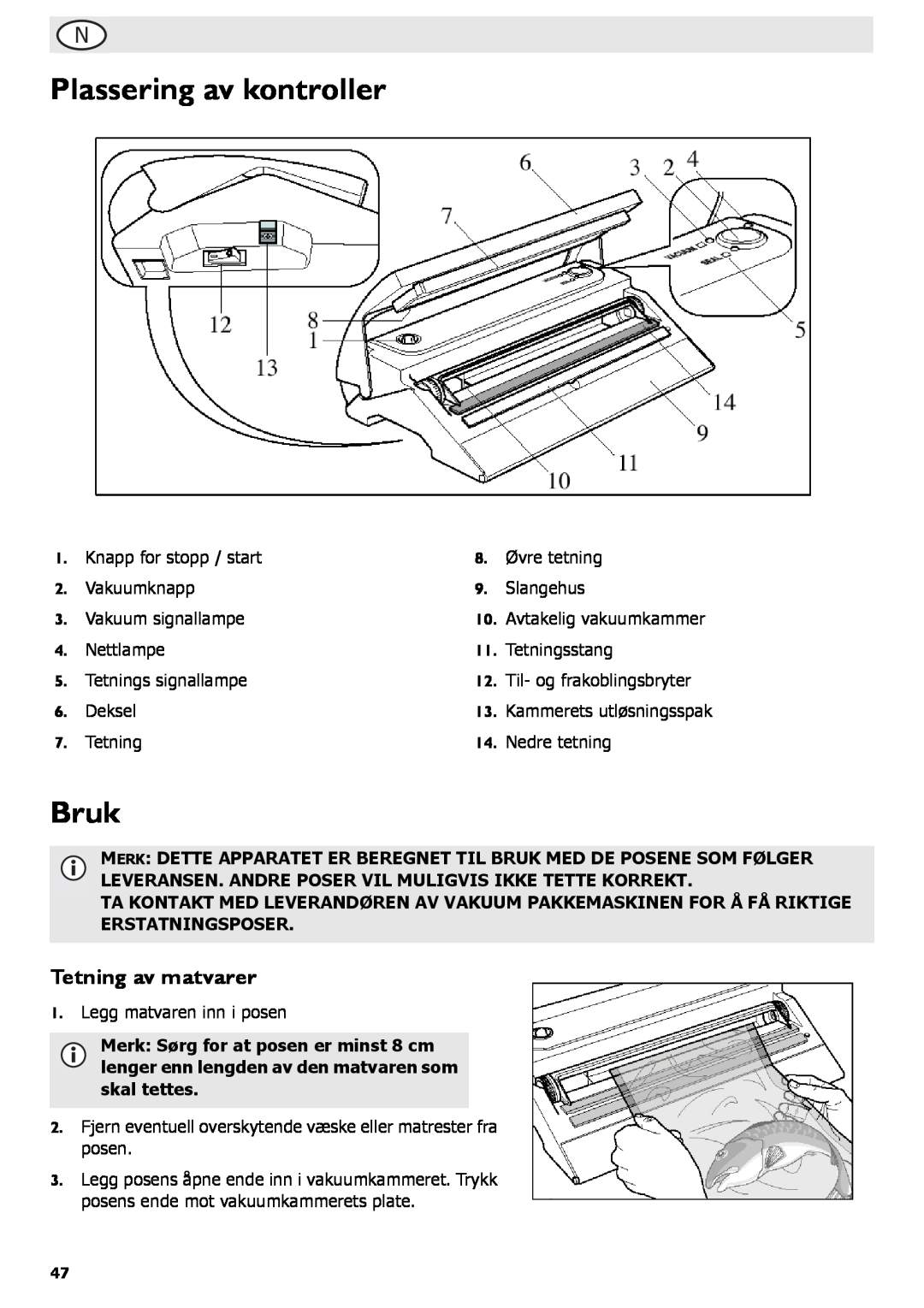 Buffalo Tools S097 instruction manual Plassering av kontroller, Bruk, Tetning av matvarer 