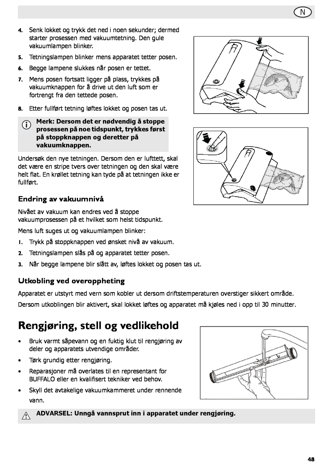 Buffalo Tools S097 instruction manual Rengjøring, stell og vedlikehold, Endring av vakuumnivå, Utkobling ved overoppheting 