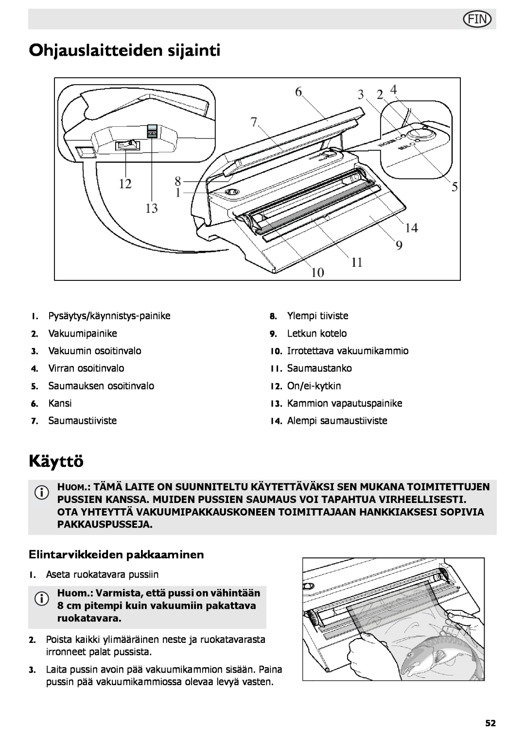 Buffalo Tools S097 instruction manual Ohjauslaitteiden sijainti, Käyttö, Elintarvikkeiden pakkaaminen 