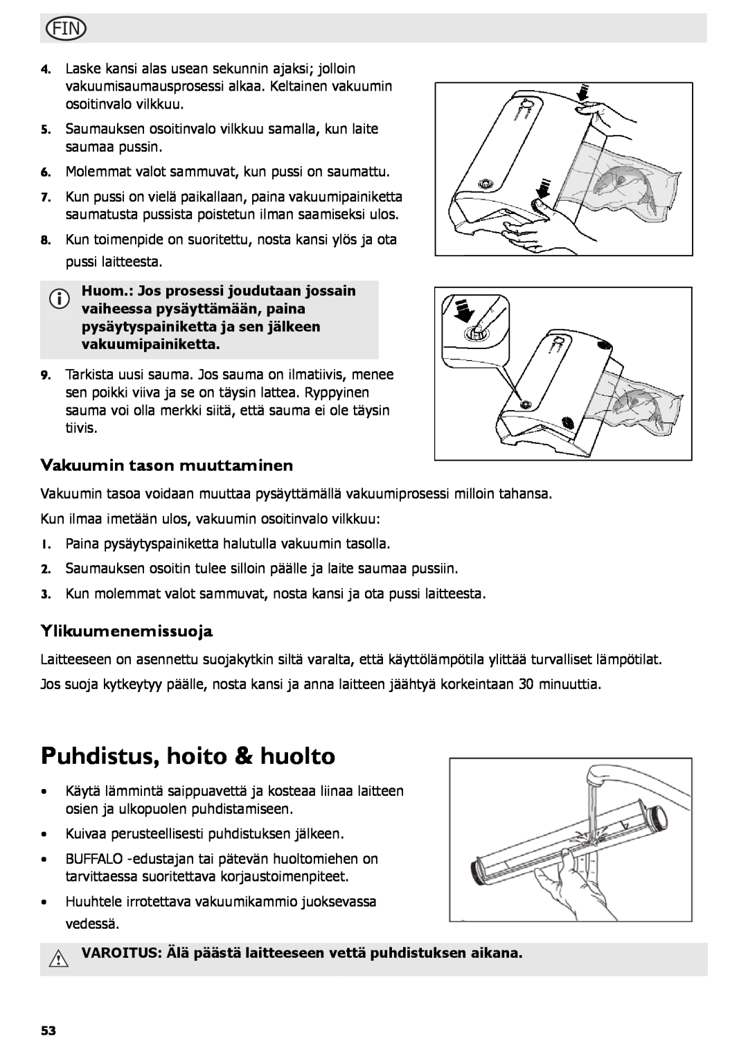 Buffalo Tools S097 instruction manual Puhdistus, hoito & huolto, Vakuumin tason muuttaminen, Ylikuumenemissuoja 