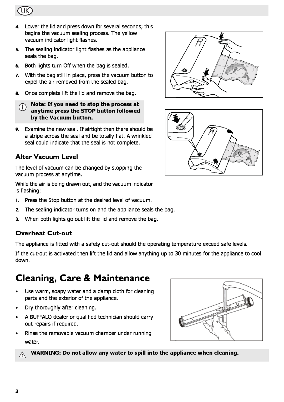 Buffalo Tools S097 instruction manual Cleaning, Care & Maintenance, Alter Vacuum Level, Overheat Cut-out 