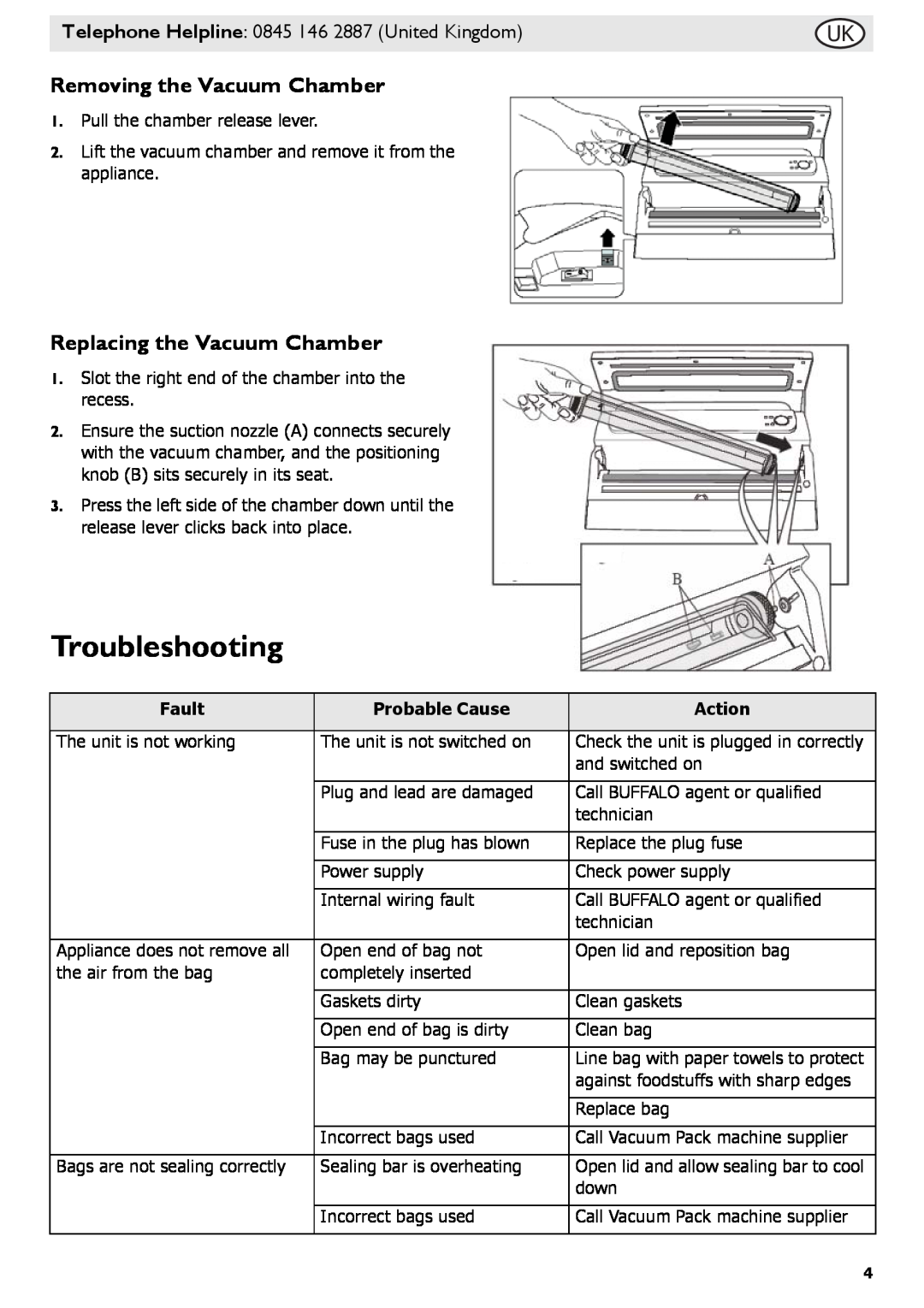 Buffalo Tools S097 instruction manual Troubleshooting, Removing the Vacuum Chamber, Replacing the Vacuum Chamber 