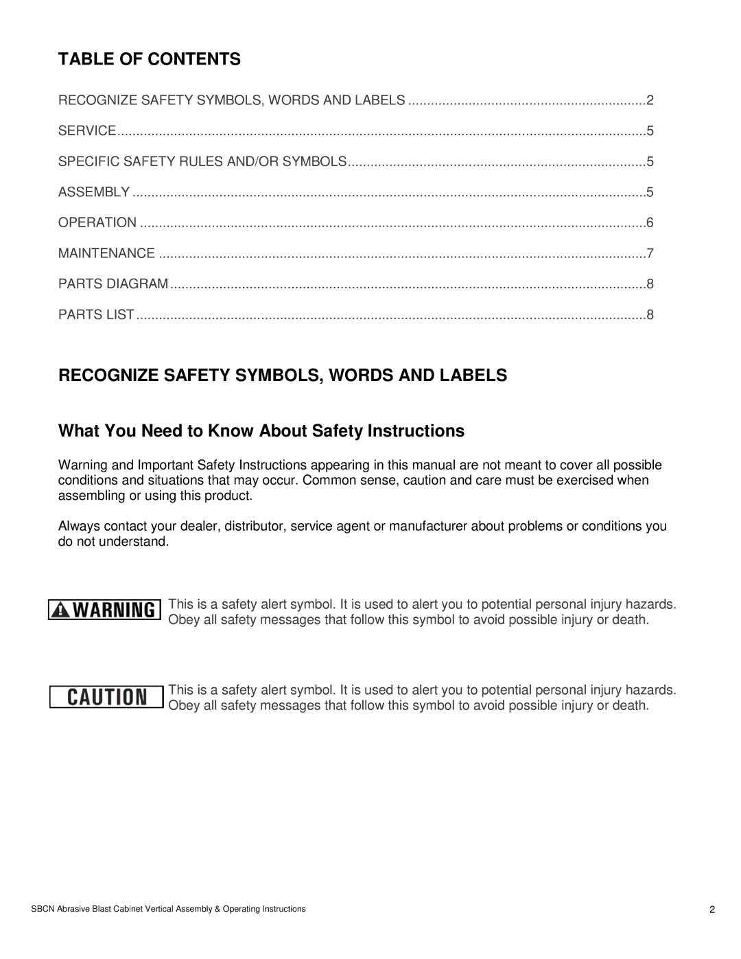 Buffalo Tools SBCN warranty Table of Contents, Recognize Safety SYMBOLS, Words and Labels 