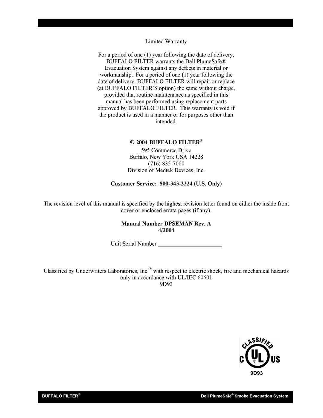 Buffalo Tools Smoke Alarm manual Customer Service 800-343-2324 U.S. Only, Manual Number Dpseman Rev. a 2004 