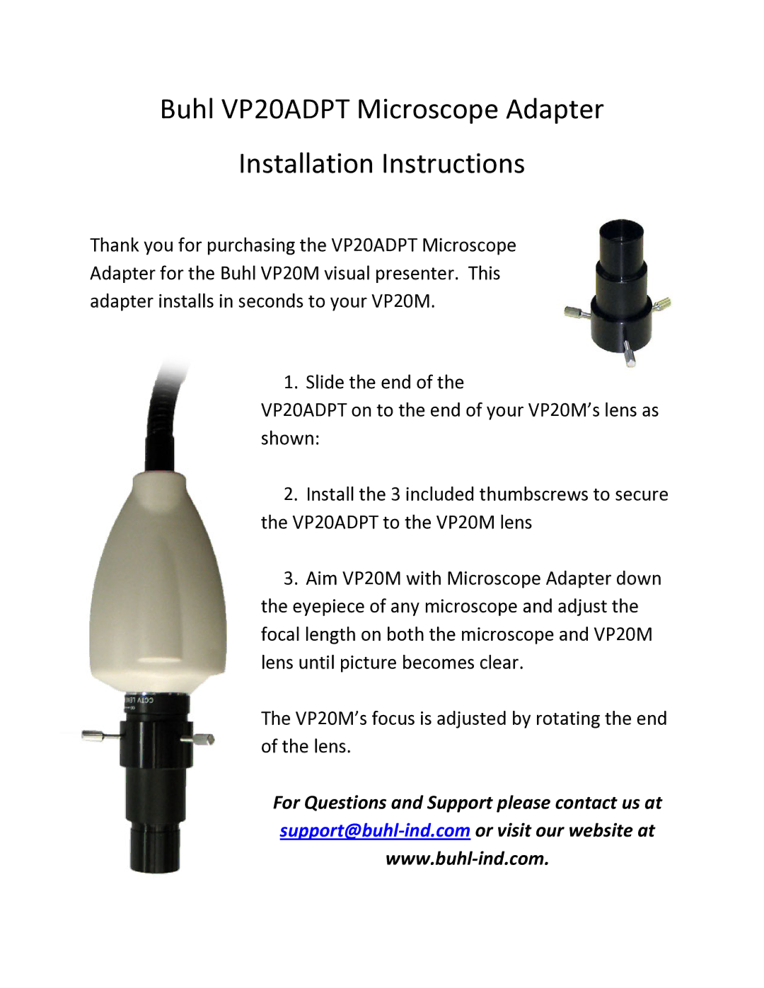 Buhl manual Buhl VP20ADPT Microscope Adapter Installation Instructions 