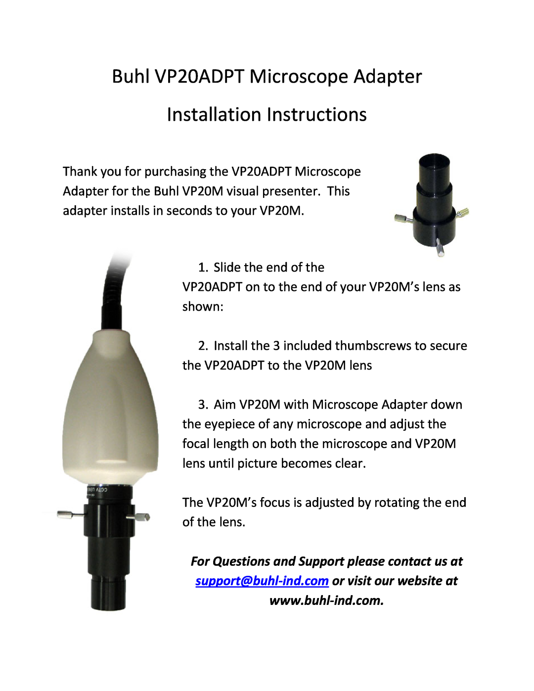 Buhl manual Buhl VP20ADPT Microscope Adapter Installation Instructions, For Questions and Support please contact us at 