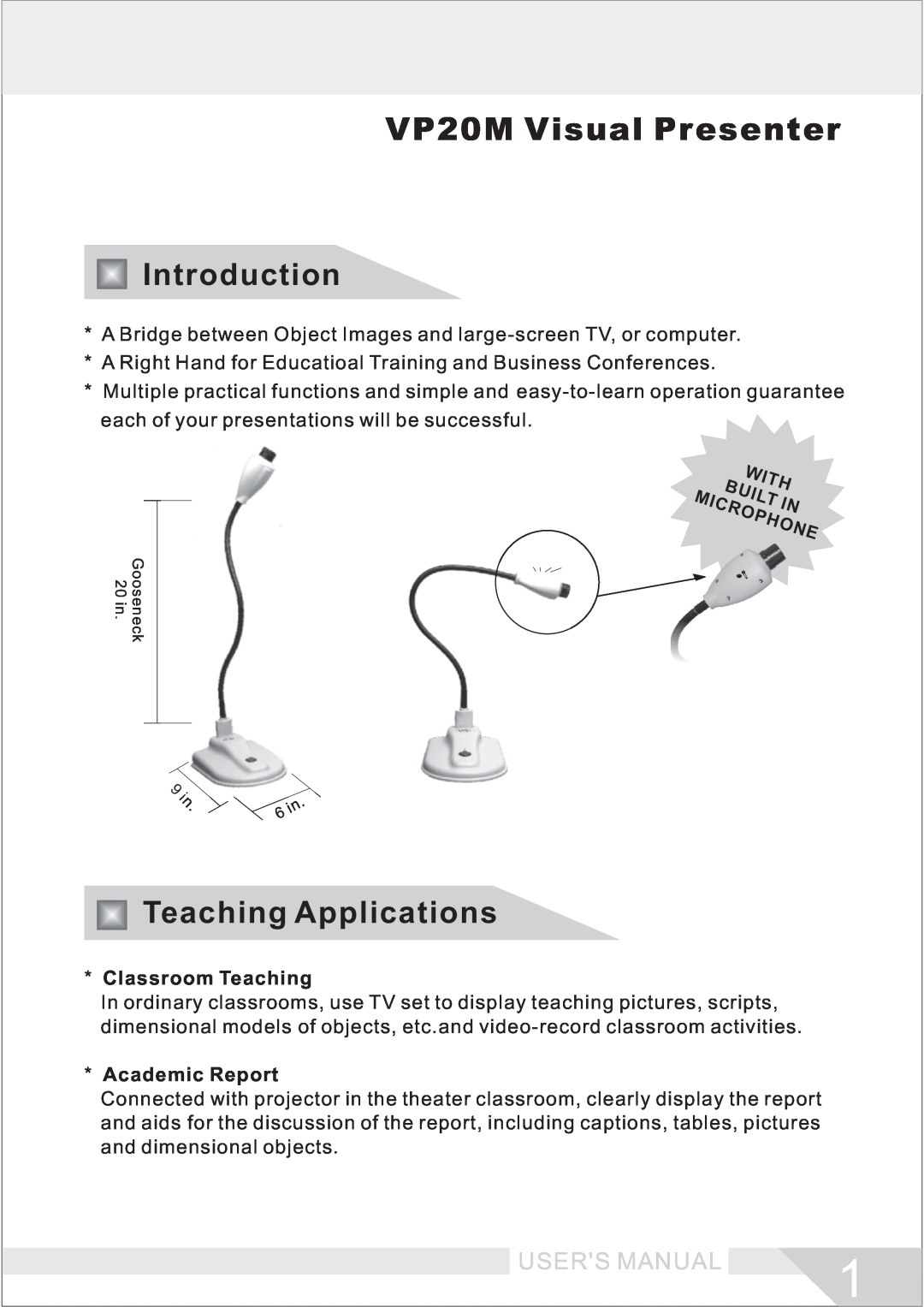 Buhl manual Introduction, Teaching Applications, Classroom Teaching, Academic Report, VP20M Visual Presenter 