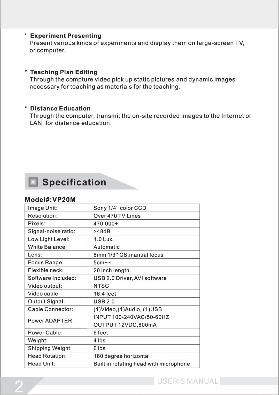Buhl manual Specification, Model# VP20M, Experiment Presenting, Teaching Plan Editing, Distance Education 