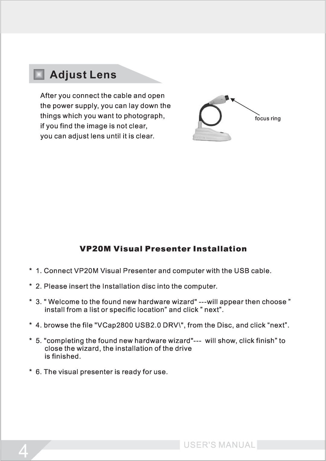 Buhl manual Adjust Lens, VP20M Visual Presenter Installation 