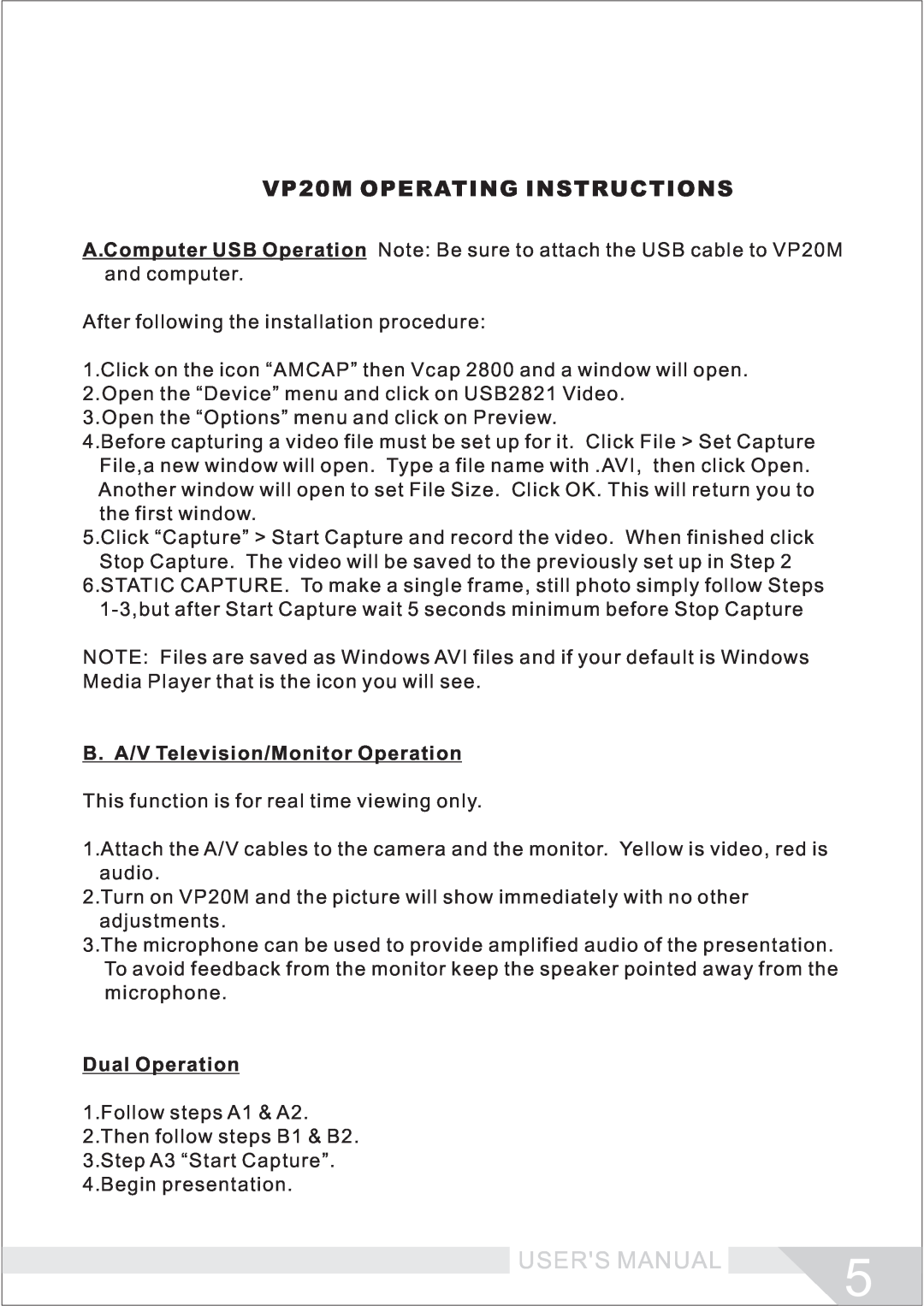 Buhl manual VP20M OPERATING INSTRUCTIONS, B. A/V Television/Monitor Operation, Dual Operation 