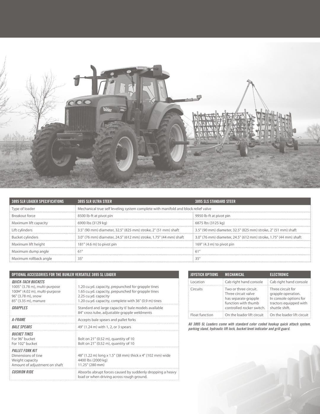 Buhler 2210 Bucket cylinders, 100S 3.78 m, multi-purpose, 100H 4.02 m, multi-purpose, Accepts bale spears and pallet forks 