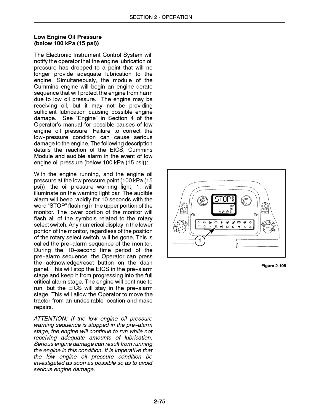 Buhler 2375, 2335, 2425, 2290, 2360 manual Low Engine Oil Pressure below 100 kPa 15 psi 