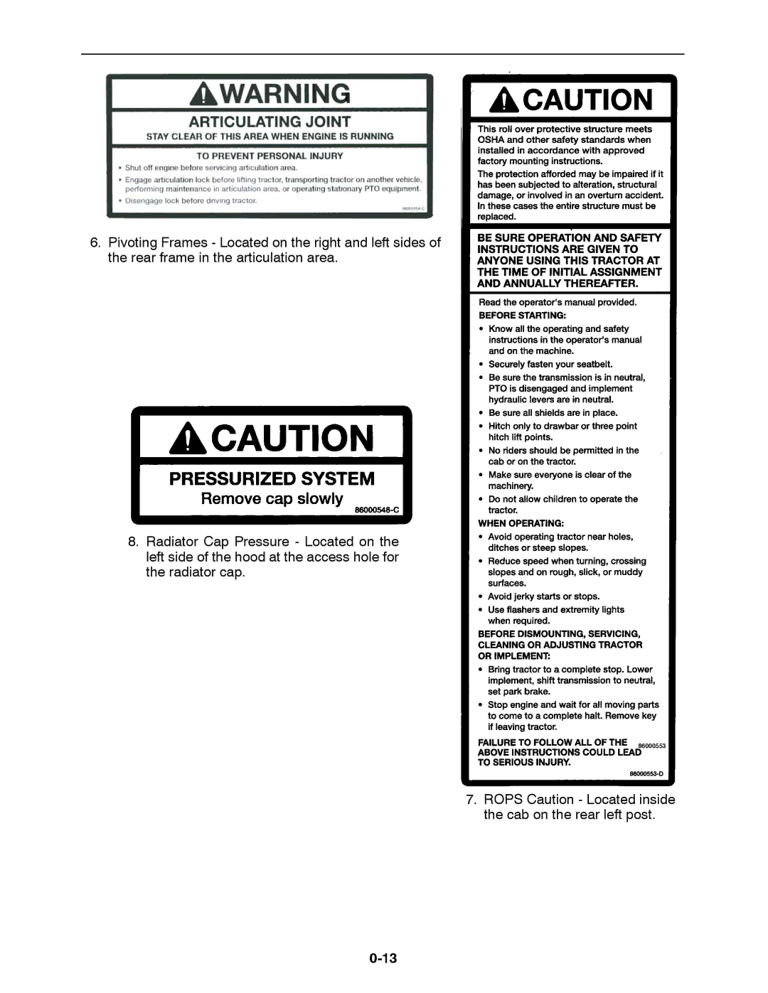 Buhler 2335, 2425, 2290, 2375, 2360 manual Rops Caution Located inside the cab on the rear left post 